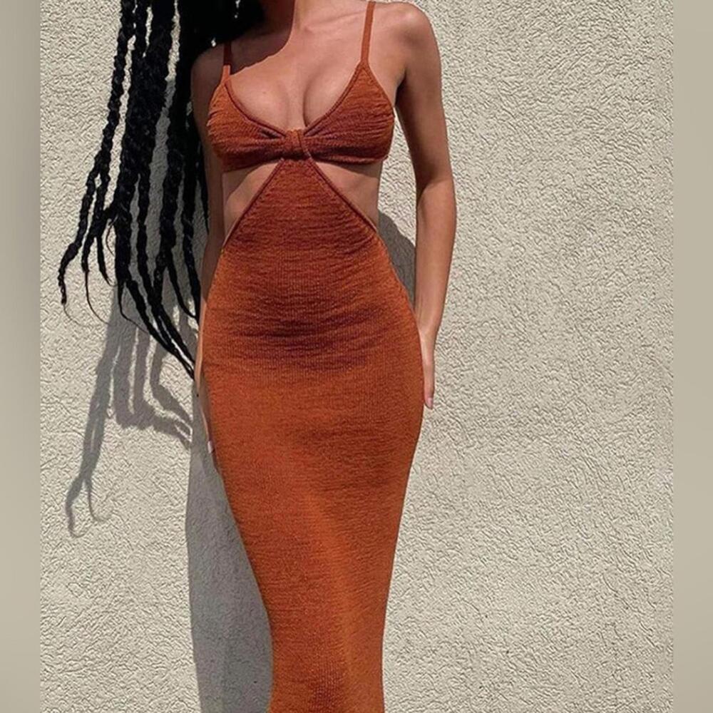 Brown Cut Out Maxi Dress S Chocolate Slinky Beach Cover Up Boho Vacation Spring